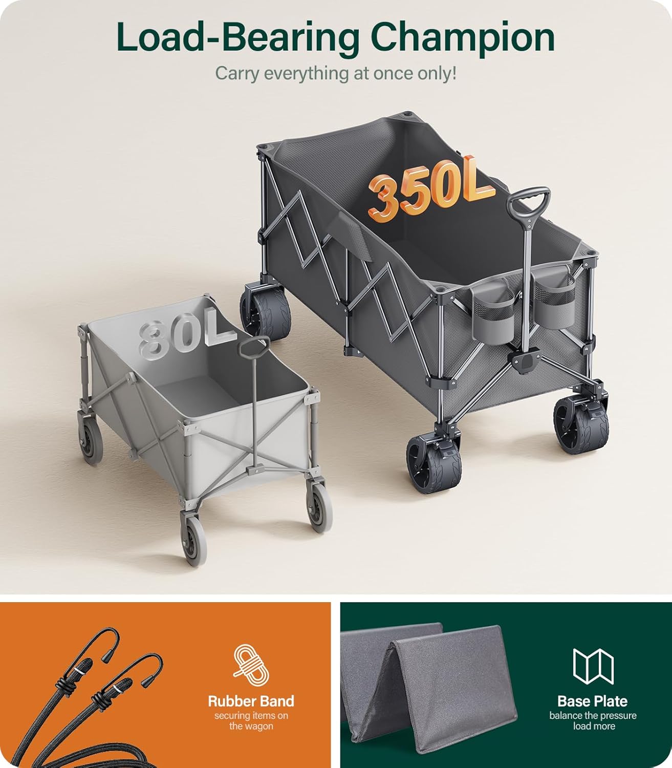 Collapsible Wagon, 440lbs Wagons Carts Foldable with Big Wheels, Heavy Duty Utility Folding Wagon for Garden Camping Grocery Beach - QGeeM
