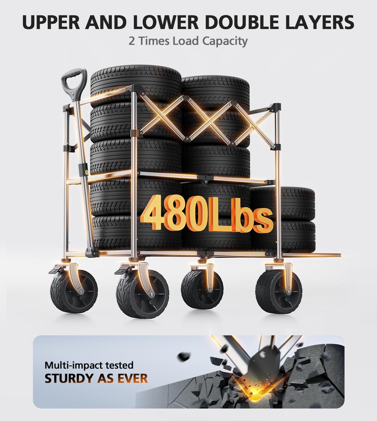 Collapsible Wagon Double Decker,Wagons Carts Foldable,Heavy Duty Wagon Camping Sports Garden Grocery,Utility Wagon for All Terrain - QGeeM
