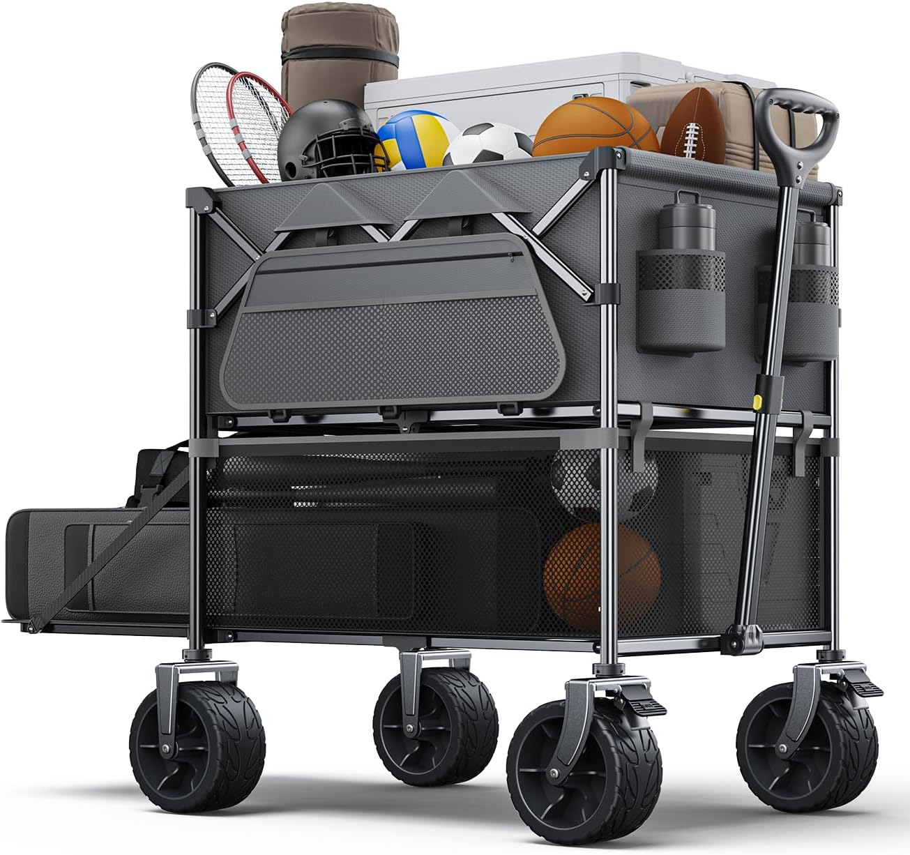 Collapsible Wagon Double Decker,Wagons Carts Foldable,Heavy Duty Wagon Camping Sports Garden Grocery,Utility Wagon for All Terrain - QGeeM