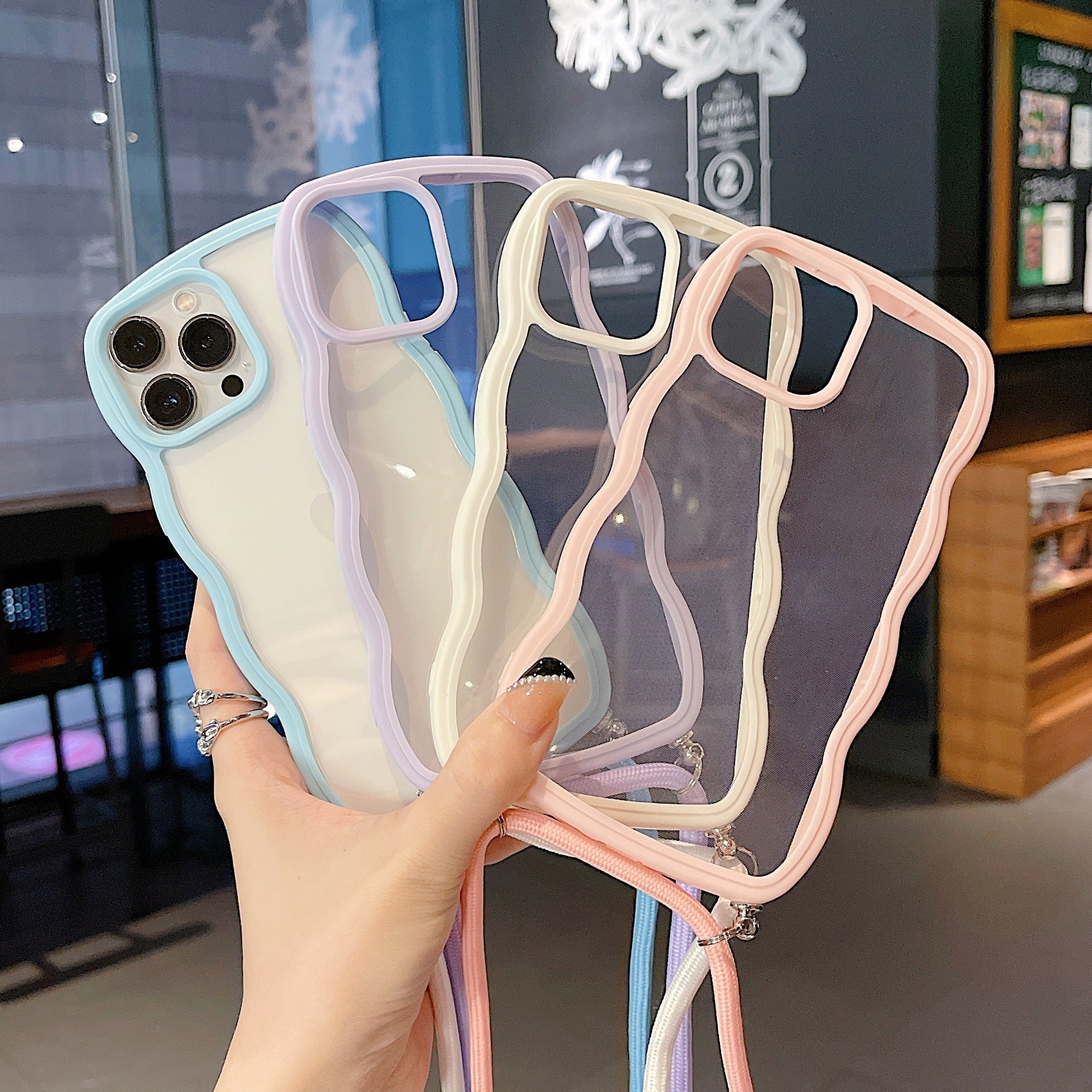 Cute Curly Wavy Crossbody Lanyard Clear Case for iPhone 15 14 13 12 11 Pro Max X XR XS 7 8 Plus Strap Rope Cord Necklace Hang Cover - QGeeM