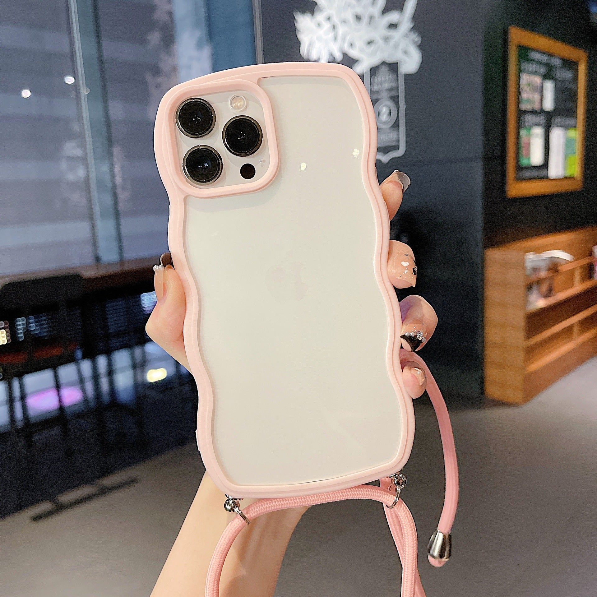 Cute Curly Wavy Crossbody Lanyard Clear Case for iPhone 15 14 13 12 11 Pro Max X XR XS 7 8 Plus Strap Rope Cord Necklace Hang Cover - QGeeM