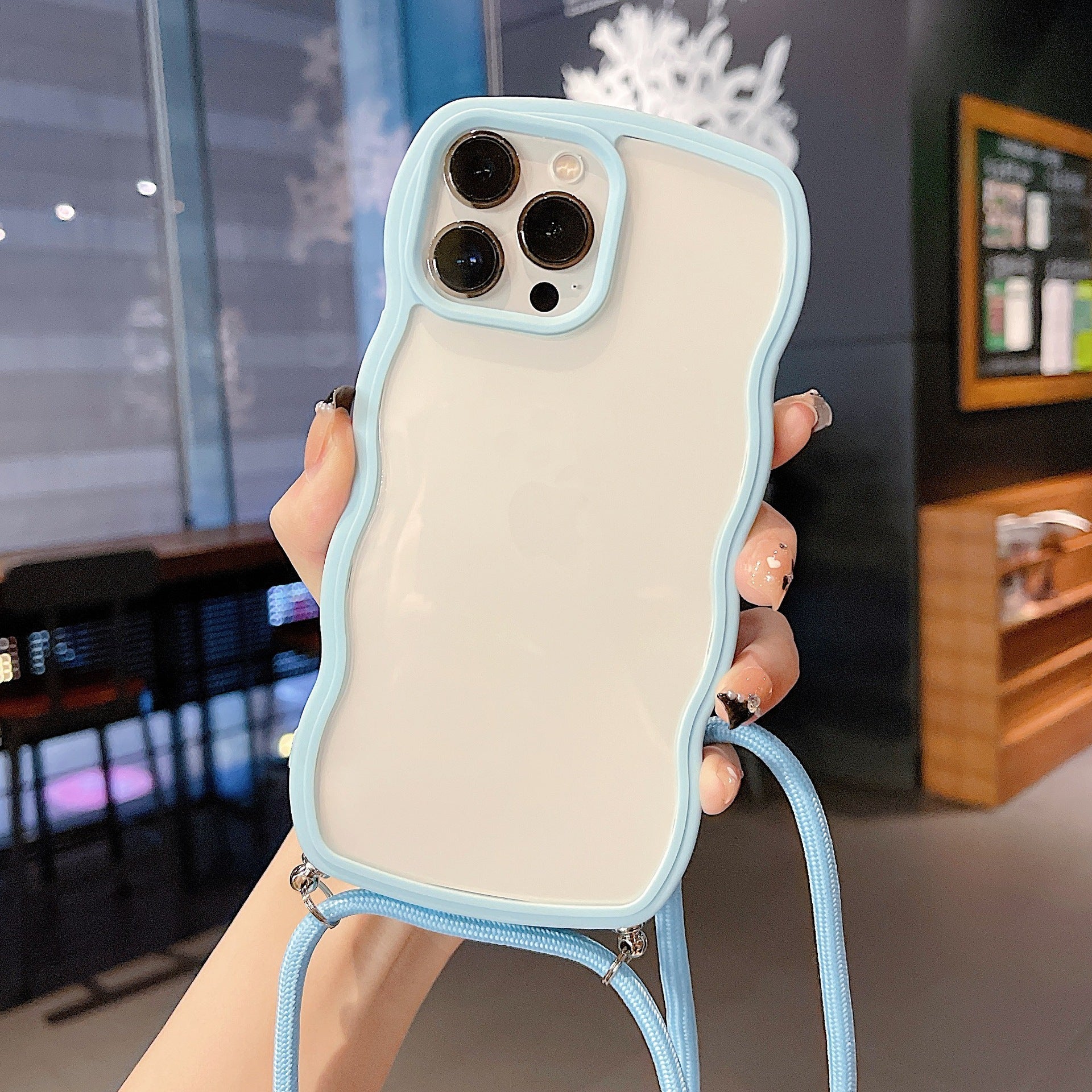 Cute Curly Wavy Crossbody Lanyard Clear Case for iPhone 15 14 13 12 11 Pro Max X XR XS 7 8 Plus Strap Rope Cord Necklace Hang Cover - QGeeM