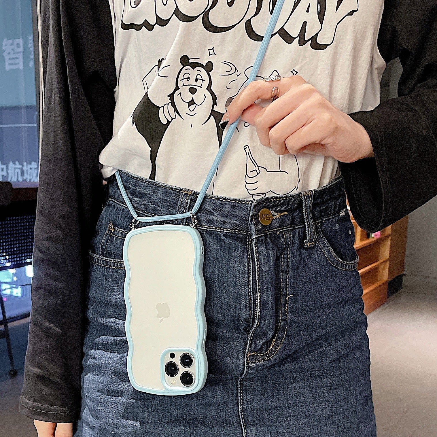 Cute Curly Wavy Crossbody Lanyard Clear Case for iPhone 15 14 13 12 11 Pro Max X XR XS 7 8 Plus Strap Rope Cord Necklace Hang Cover - QGeeM