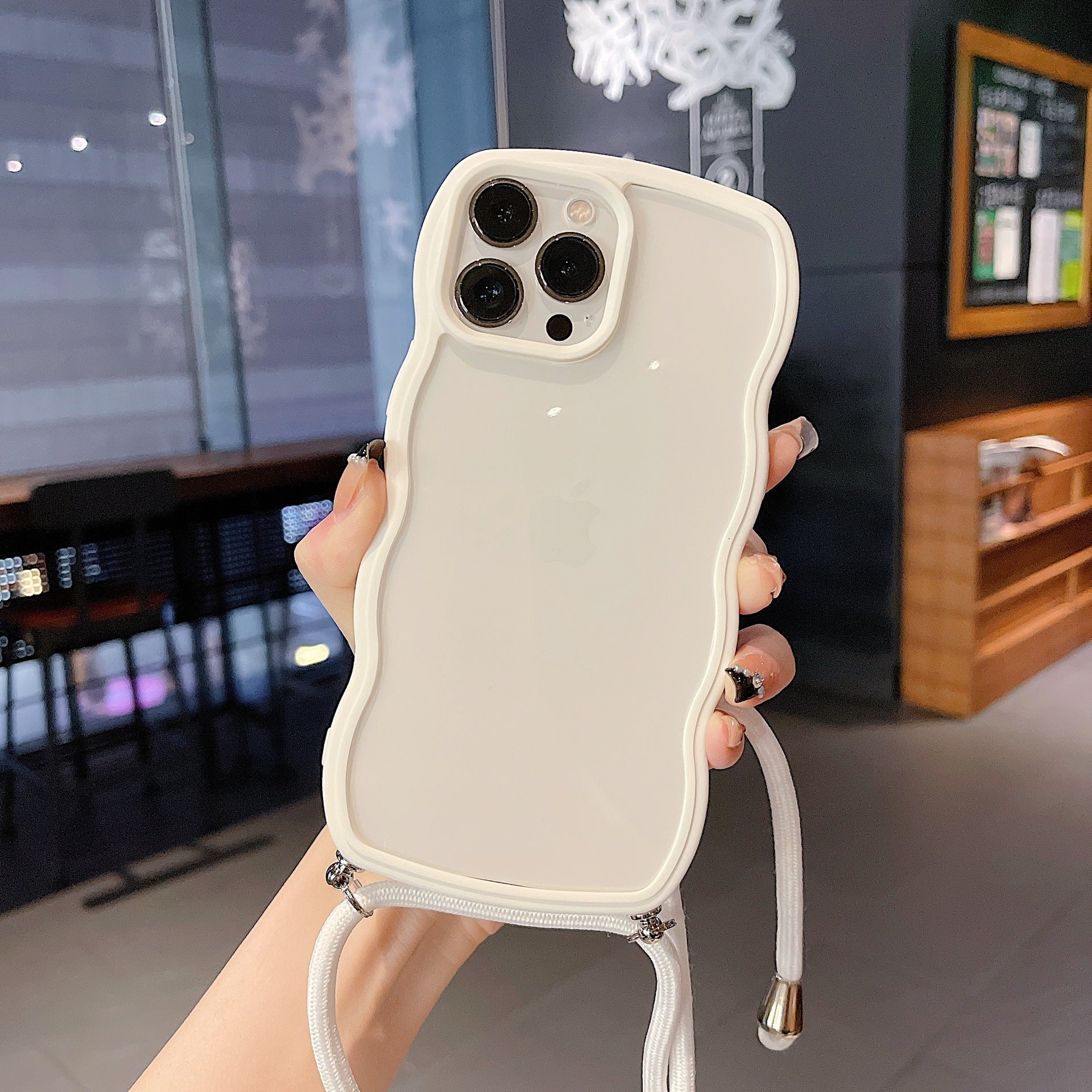 Cute Curly Wavy Crossbody Lanyard Clear Case for iPhone 15 14 13 12 11 Pro Max X XR XS 7 8 Plus Strap Rope Cord Necklace Hang Cover - QGeeM