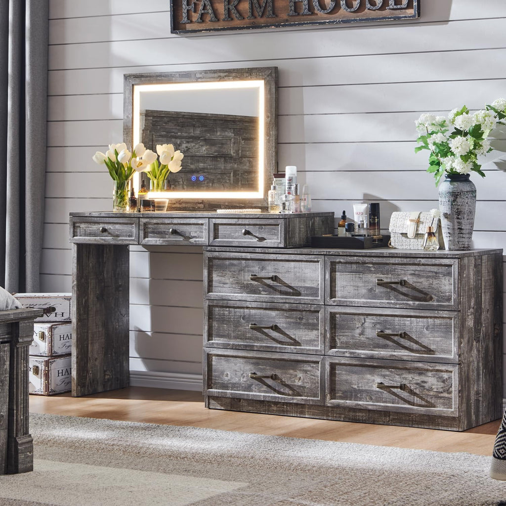 long dresser with vanity Modern Retractable Large Vanity Desk Set with LED Mirror and Stool