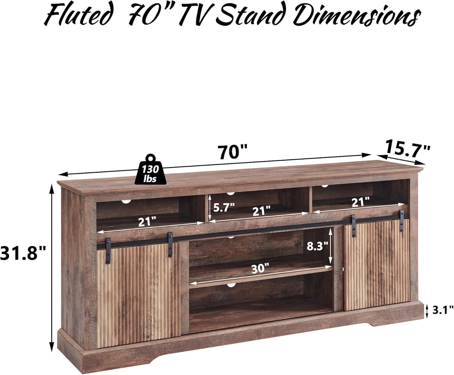 Fluted TV Stand for 80 Inch TVs, 32" Modern Entertainment Center with Waveform Panel Sliding Door, Media Console Cabinet w/Storage, Soundbar & Adjustable Shelf for Living Room, 70 inch - QGeeM