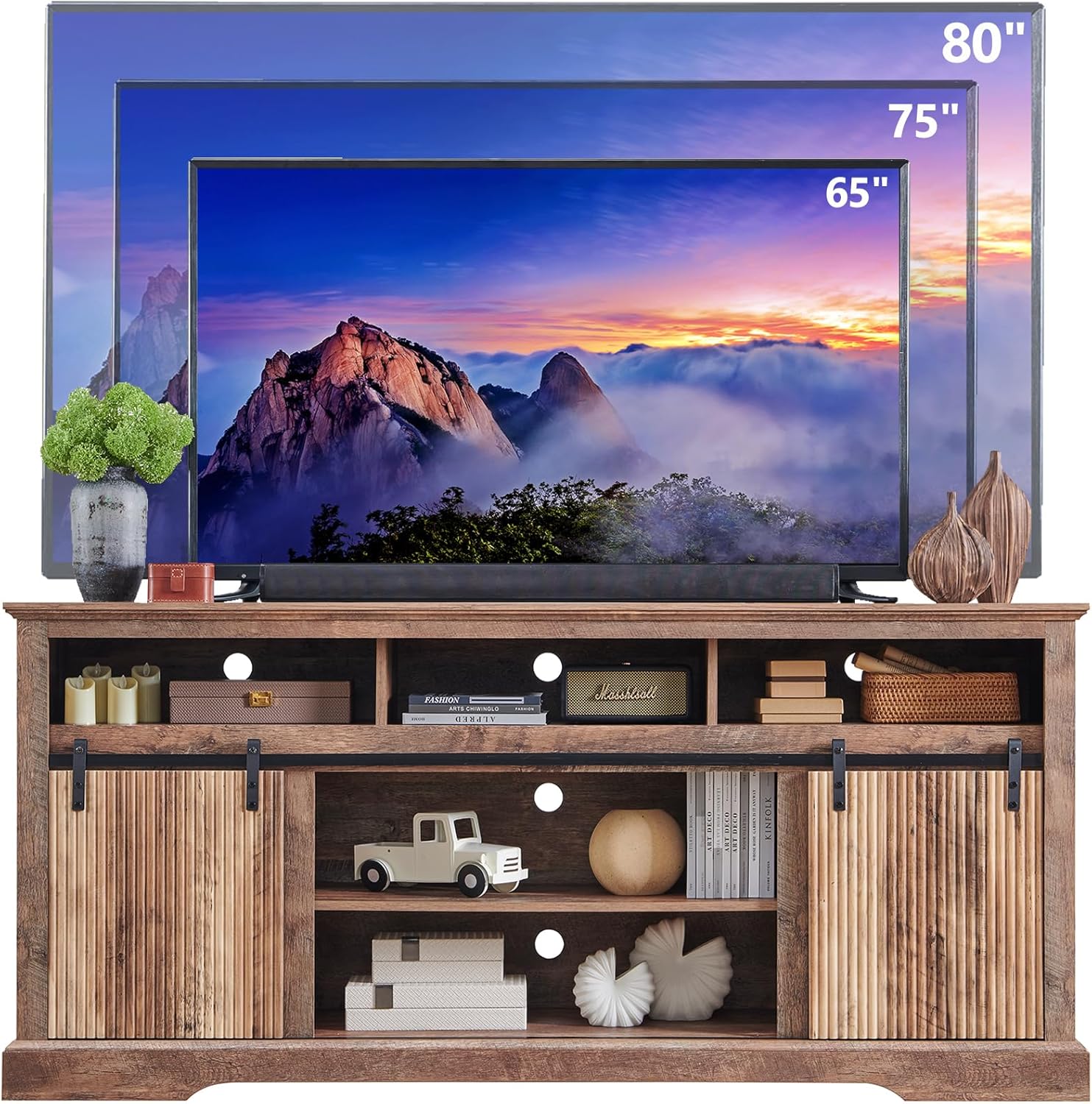 Fluted TV Stand for 80 Inch TVs, 32" Modern Entertainment Center with Waveform Panel Sliding Door, Media Console Cabinet w/Storage, Soundbar & Adjustable Shelf for Living Room, 70 inch - QGeeM