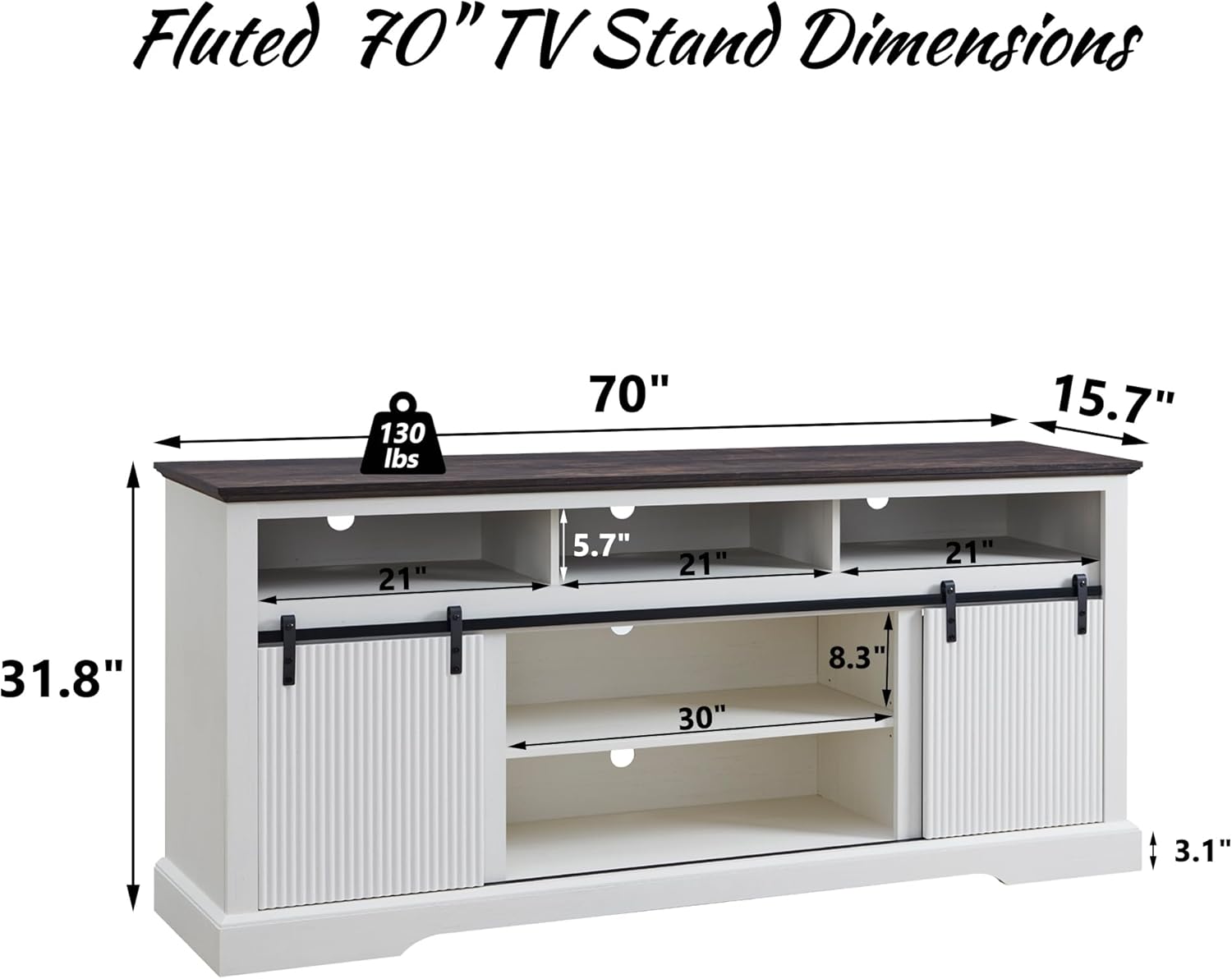 Fluted TV Stand for 80 Inch TVs, 32" Modern Entertainment Center with Waveform Panel Sliding Door, Media Console Cabinet w/Storage, Soundbar & Adjustable Shelf for Living Room, 70 inch - QGeeM