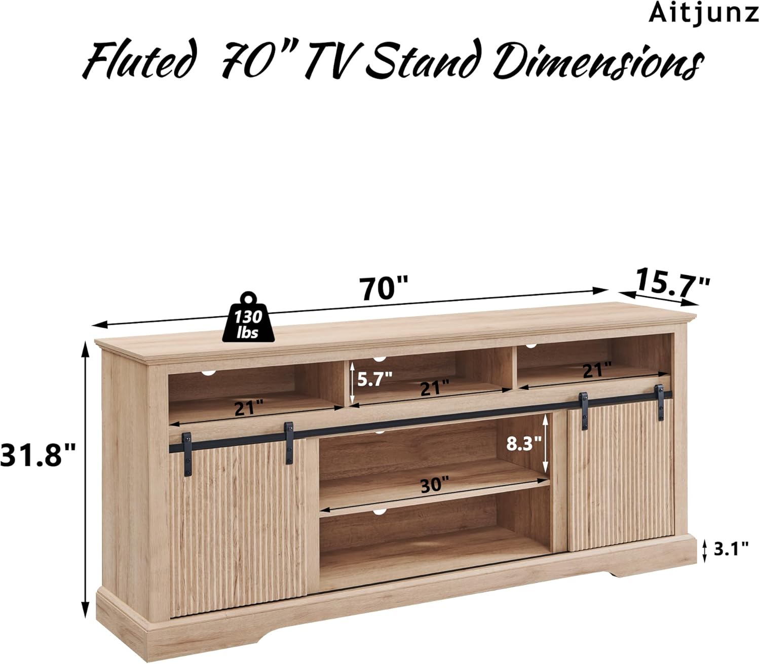 Fluted TV Stand for 80 Inch TVs, 32" Modern Entertainment Center with Waveform Panel Sliding Door, Media Console Cabinet w/Storage, Soundbar & Adjustable Shelf for Living Room, 70 inch - QGeeM