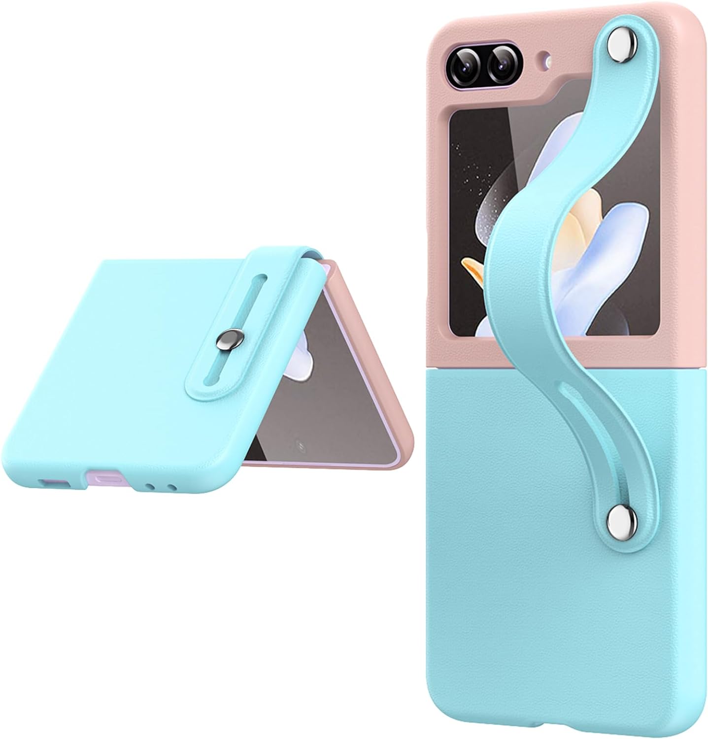 Fold Phone Case for Samsung Galaxy Z Flip 6/5, with Expansion Wristband + Kickstand Function, Free Folding Ultra - Thin Shell for Women Girl, Shockproof Protective Case - QGeeM