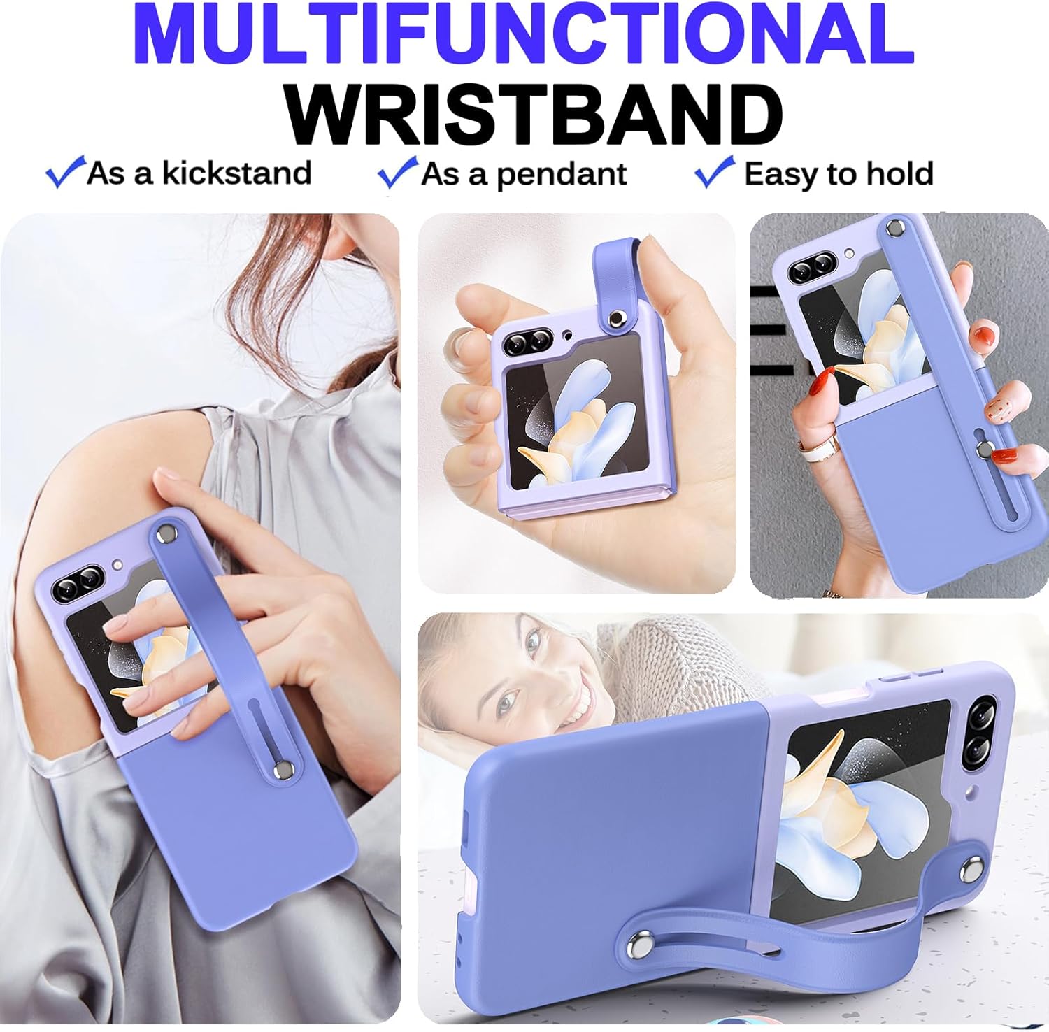 Fold Phone Case for Samsung Galaxy Z Flip 6/5, with Expansion Wristband + Kickstand Function, Free Folding Ultra - Thin Shell for Women Girl, Shockproof Protective Case - QGeeM