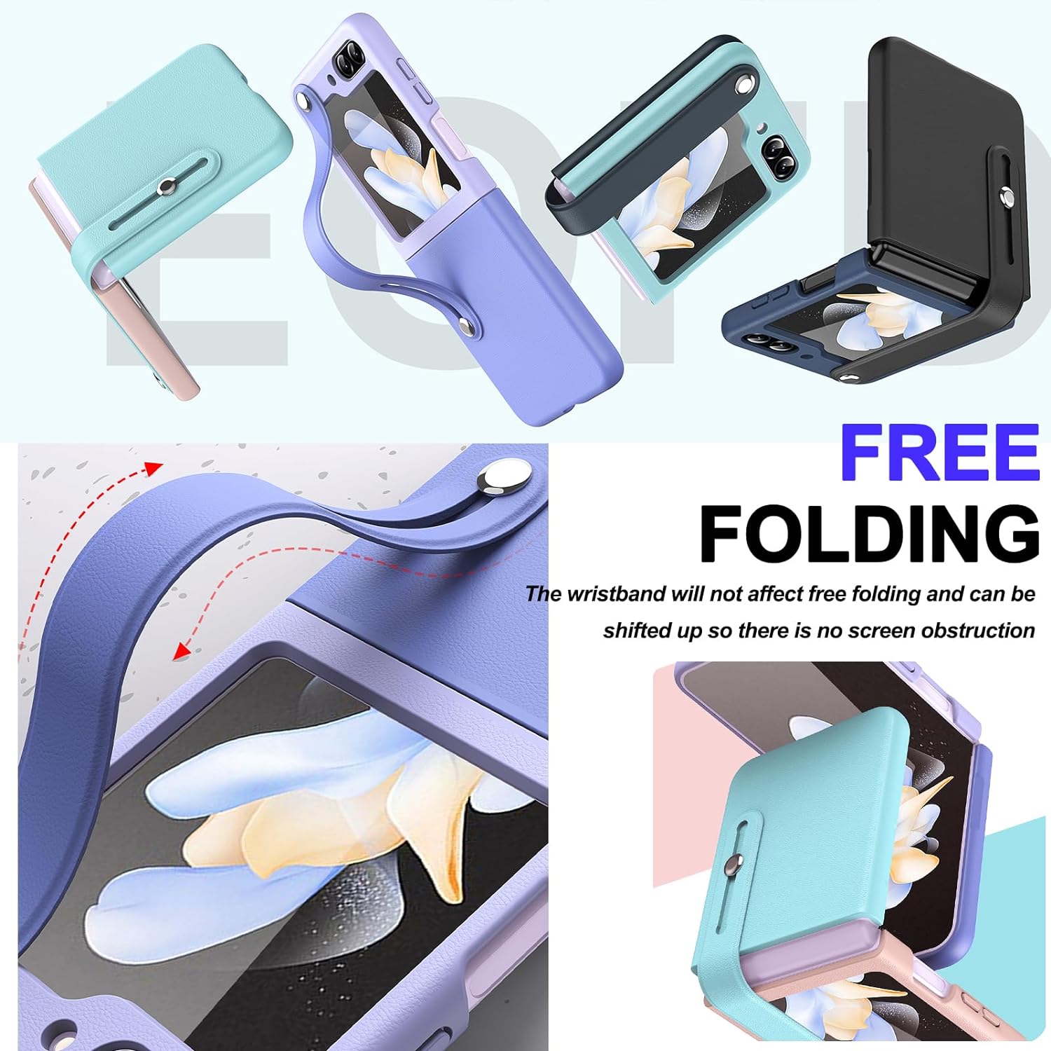 Fold Phone Case for Samsung Galaxy Z Flip 6/5, with Expansion Wristband + Kickstand Function, Free Folding Ultra - Thin Shell for Women Girl, Shockproof Protective Case - QGeeM