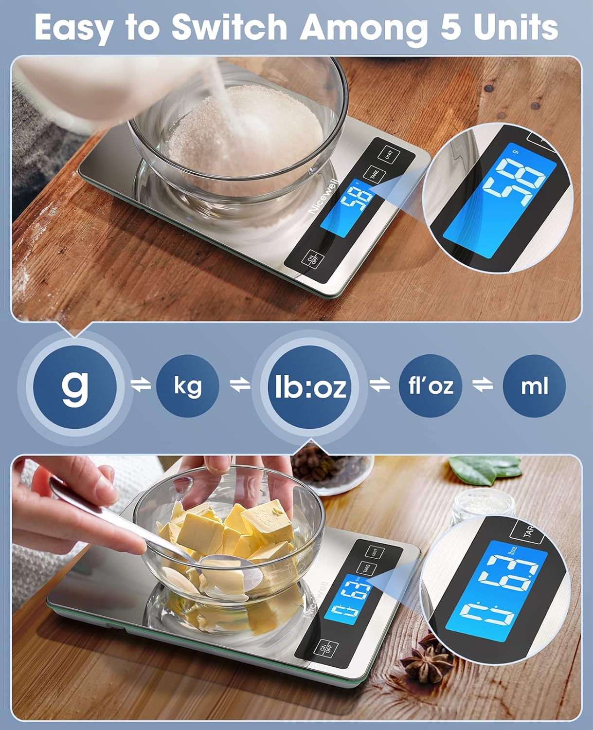 Food Scale, 22lb Digital Kitchen Scale Weight Grams and oz for Cooking Baking, 1g/0.1oz Precise Graduation, Stainless Steel and Tempered Glass (Ash Silver) - QGeeM