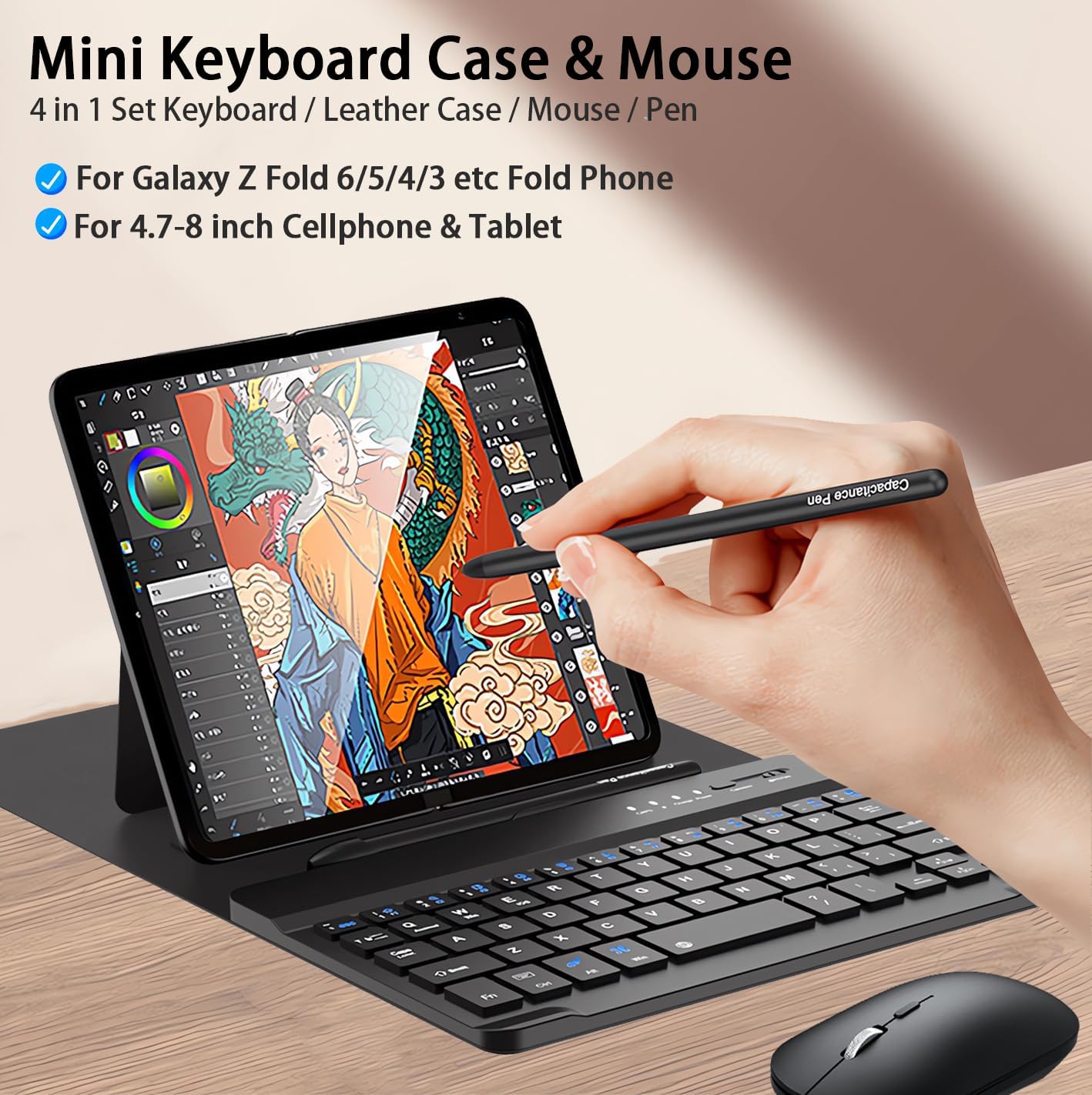 for Samsung Galaxy Z Fold 6 5 4 Keyboard and Mouse, Portable Magentic Mini Keyboard with Leather Case and Capacitive Pen, Wireless Keyboard Case for Fold 6 Accessories - QGeeM