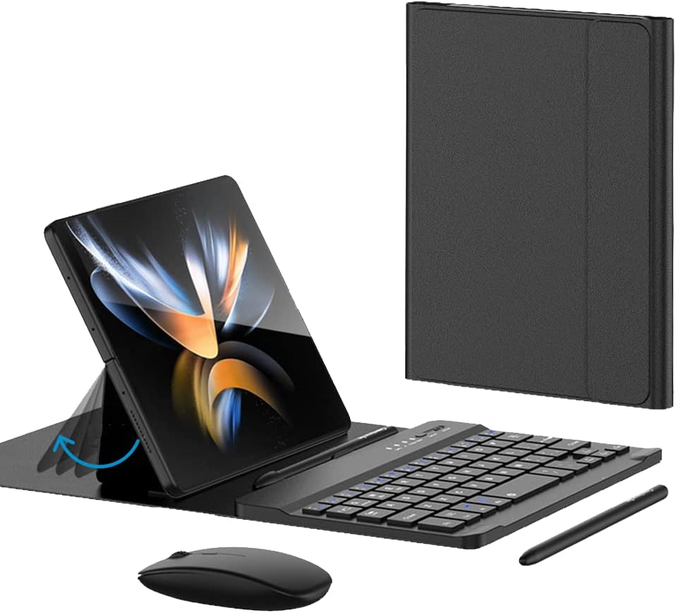 for Samsung Galaxy Z Fold 6 5 4 Keyboard and Mouse, Portable Magentic Mini Keyboard with Leather Case and Capacitive Pen, Wireless Keyboard Case for Fold 6 Accessories - QGeeM