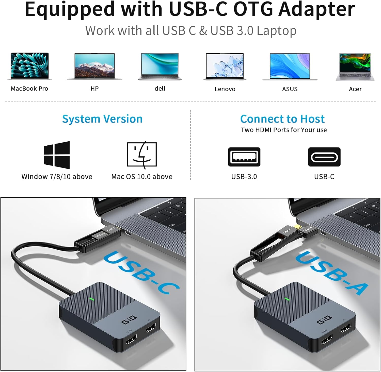 Giq USB 3.0 to Dual HDMI Monitor Adapter 4K@ 30Hz+1080P@60Hz,Universal Video Graphics Card,USB to Hdmi Splitter Extender Monitor for USB 3.0 A or USB - C Hub Dock Compatible with Mac OS,Windows - QGeeM