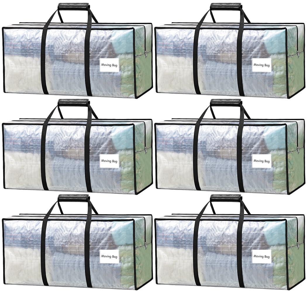 6 Pack Heavy Duty Moving Bags with Padded Wrap Around Handles-Strengthened Zipper Extra Large Storage Totes for Moving Boxes, Clothes, Bedding, Holiday Décor & Home Storage