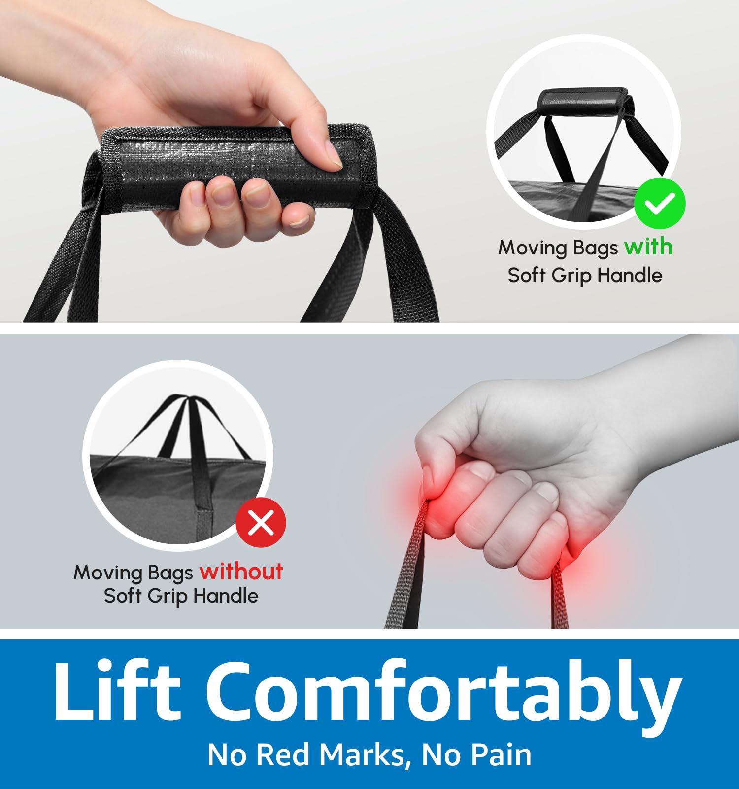 6 Pack Heavy Duty Moving Bags with Padded Wrap Around Handles-Strengthened Zipper Extra Large Storage Totes for Moving Boxes, Clothes, Bedding, Holiday Décor & Home Storage