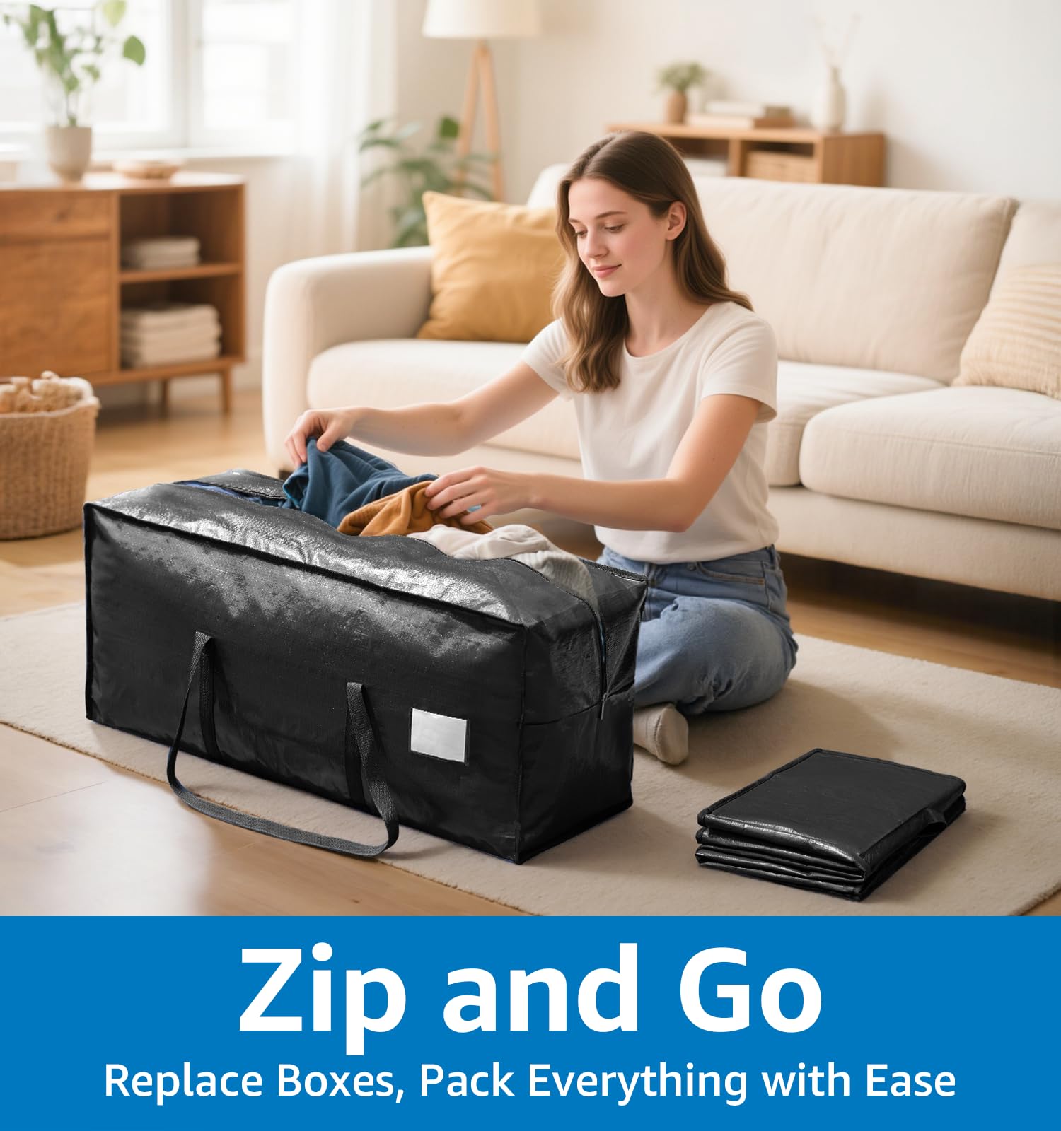 6 Pack Heavy Duty Moving Bags with Padded Wrap Around Handles-Strengthened Zipper Extra Large Storage Totes for Moving Boxes, Clothes, Bedding, Holiday Décor & Home Storage