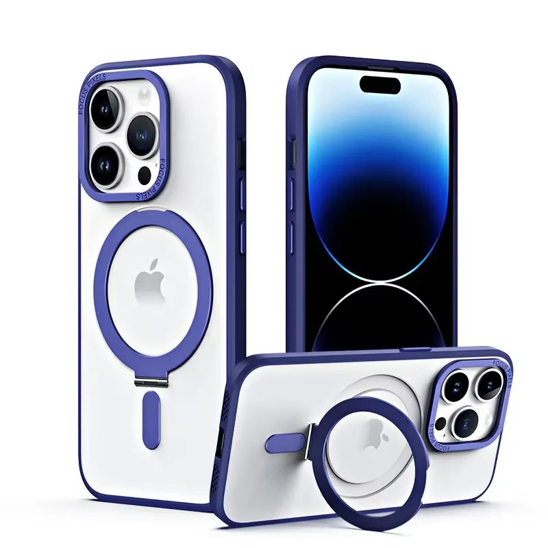 Magnetic Phone Case for iPhone 15 Pro Max [Compatible with ] [Built - in Invisible Stand] + Screen Protector, Translucent Matte PC Cover with Slim TPU Frame 6.7" - QGeeM