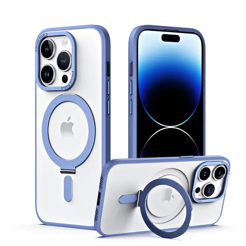 Magnetic Phone Case for iPhone 15 Pro Max [Compatible with ] [Built - in Invisible Stand] + Screen Protector, Translucent Matte PC Cover with Slim TPU Frame 6.7" - QGeeM