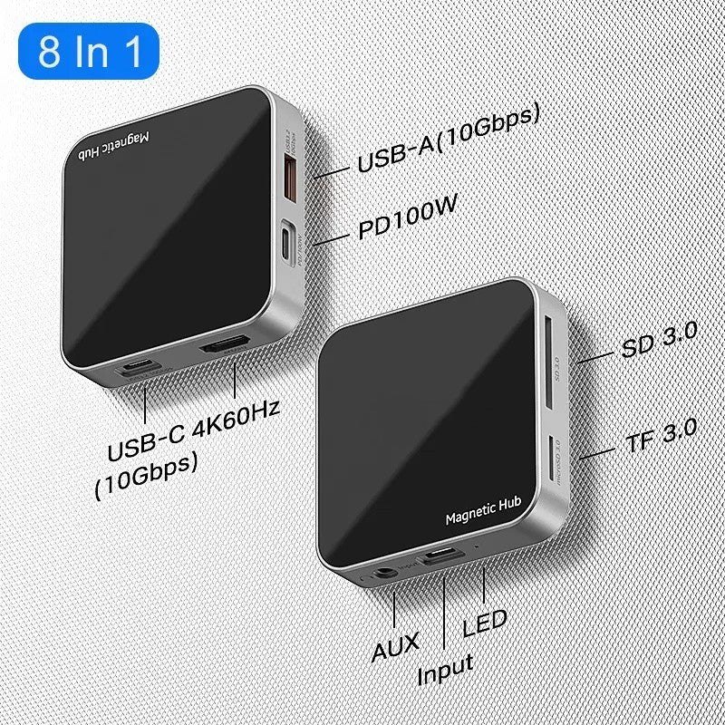 Magnetic USB - C Hub 8 - in - 1: 4K@60Hz HDMI, 10Gbps USB - A/C, 100W PD Charging, Plug & Play, SD/TF Card Reader, Audio Jack,Aluminum Adapter for MacBook/Windows - QGeeM