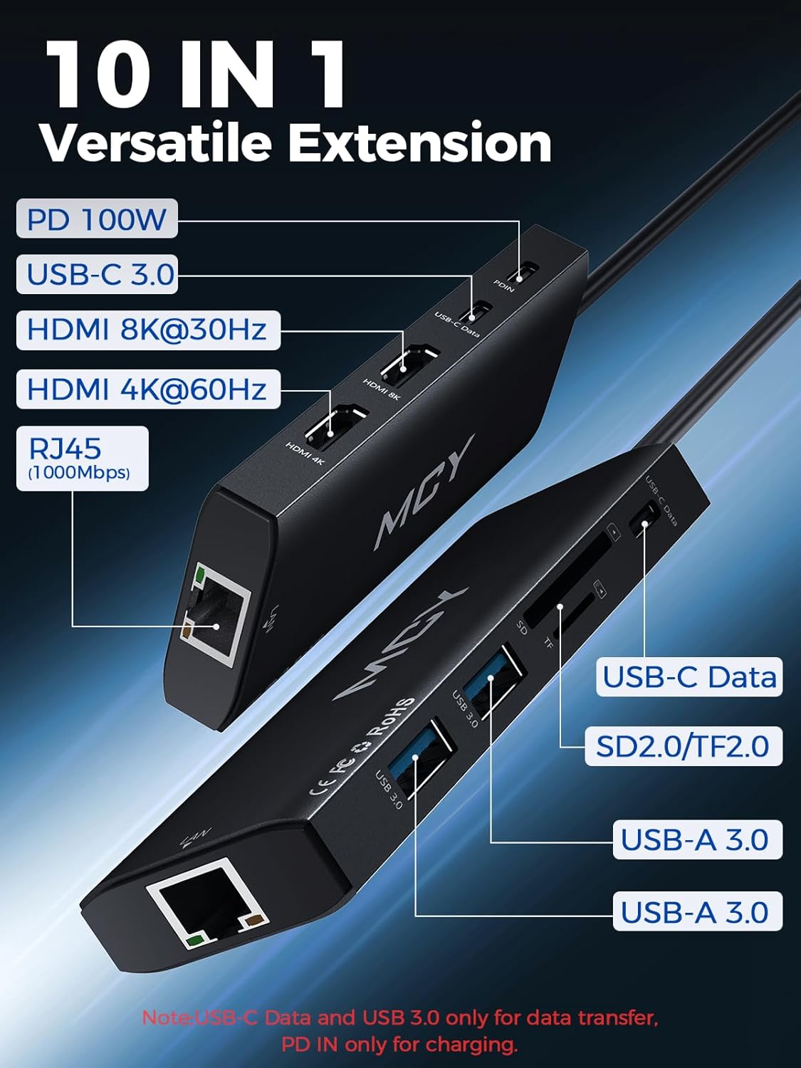 MCY Laptop Docking Station Single 8K@30Hz,Dual Monitor 4K@60Hz,10 in 1 USB C Hub Ethernet,Multiple USB - C to HDMI Adapter PD100W,RJ451000M,USB Data Port,SD/TF2.0,Type C Dongle Dock for MacBook/Dell/HP/Surface - QGeeM
