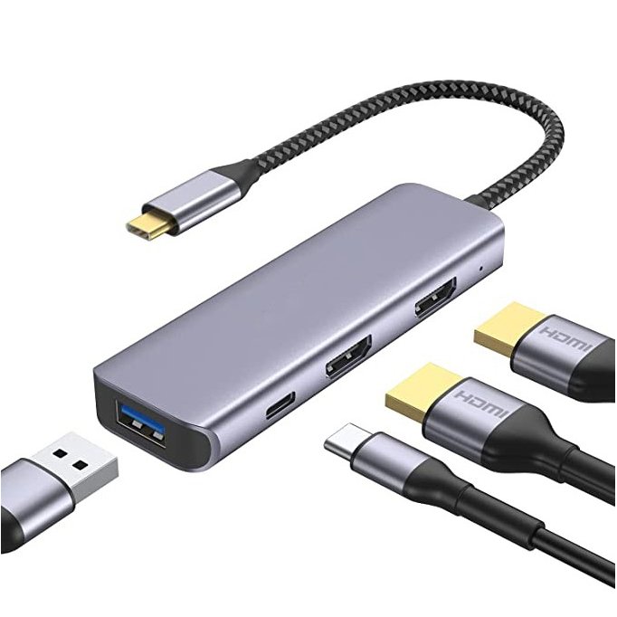 QGeeM 4 in 1 USB C to Dual HDMI Adapter 4K@30Hz with 100W PD Charging, USB - A Port, HDMI Adapter for Dual Monitors for MacBook Pro Air, HP, Dell, iPhone 15 Series - QGeeM