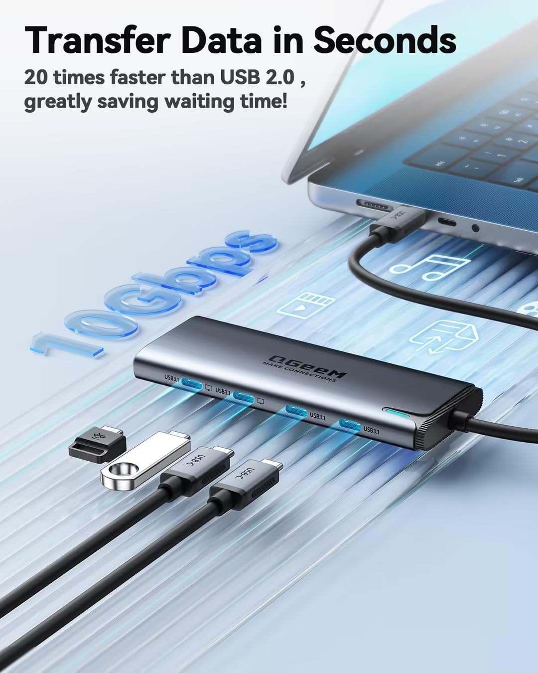 QGeeM USB C Hub for Thunderbolt 3/4/5,Multiple Converter Adapter 5 in 1,Type C Splitter Extender with Single 8K,Dual 4K/60Hz,10Gbps Data Transfer,PD 100W,for MacBook Pro,iMac,HP（M1/M2 only 1 Display） - QGeeM