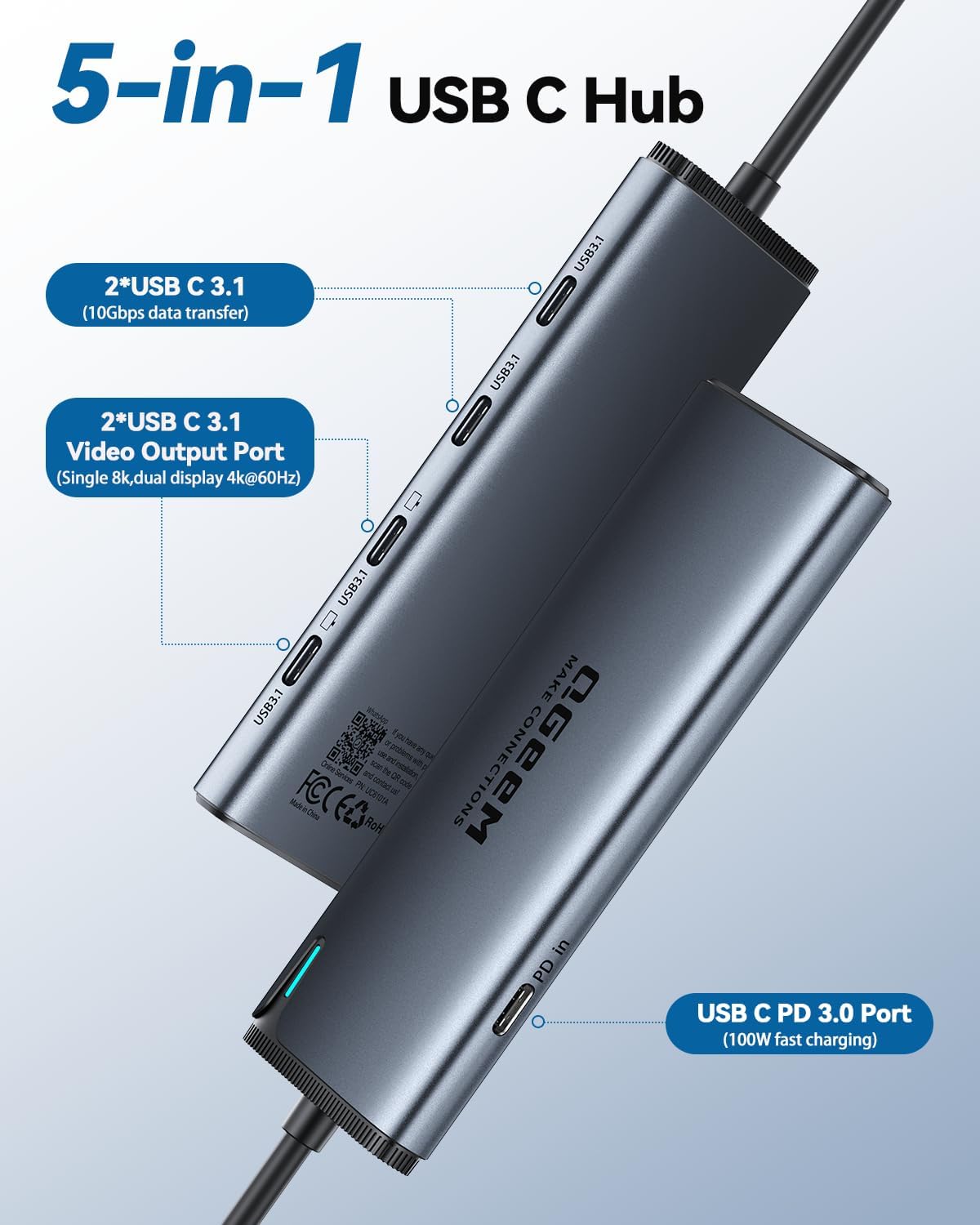 QGeeM USB C Hub for Thunderbolt 3/4/5,Multiple Converter Adapter 5 in 1,Type C Splitter Extender with Single 8K,Dual 4K/60Hz,10Gbps Data Transfer,PD 100W,for MacBook Pro,iMac,HP（M1/M2 only 1 Display） - QGeeM