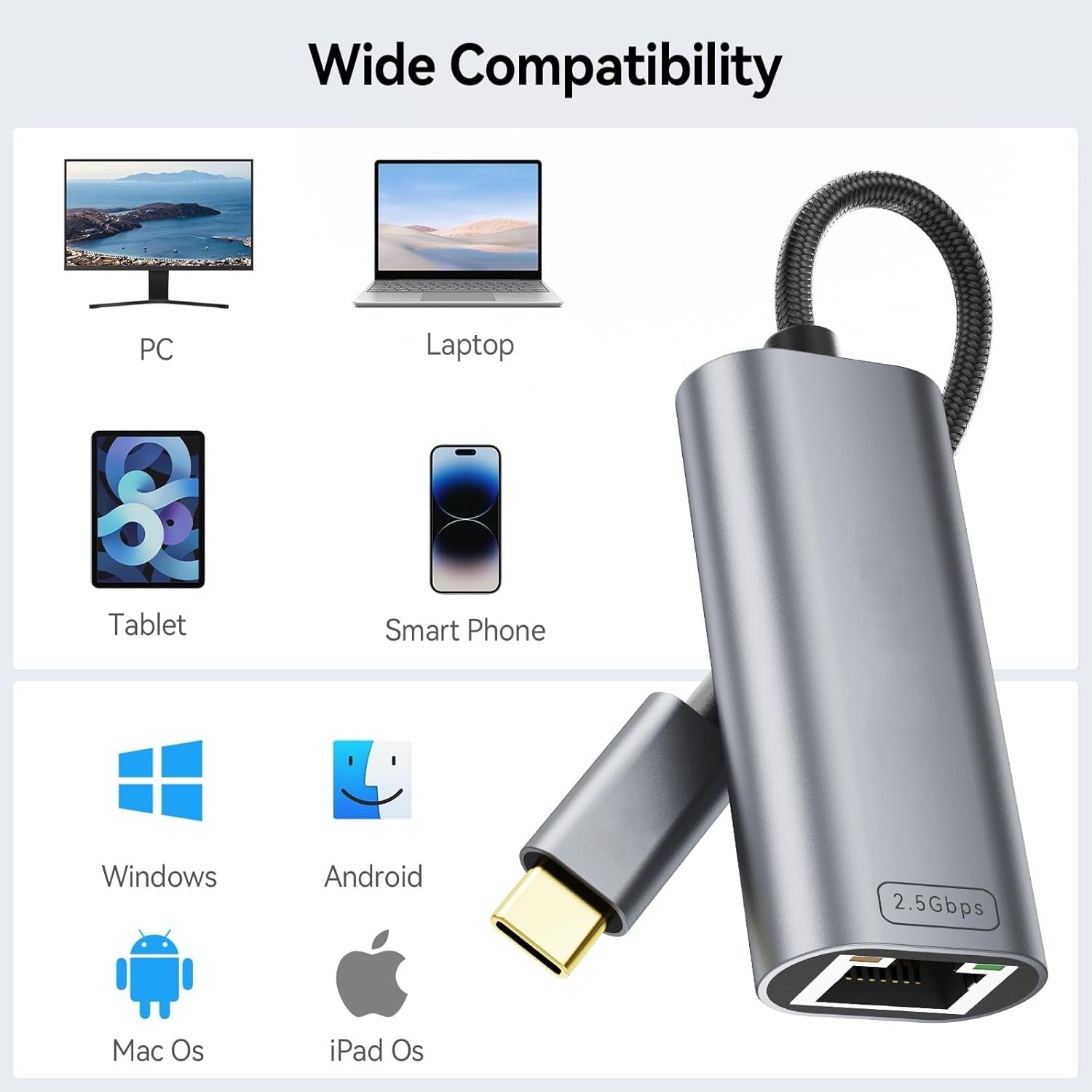 QGeeM USB C to Ethernet 2.5 Gbps Adapter, USB C to RJ45 Network Converter (Thunderbolt 4/3 Compatible),USB - C to 2.5 Gigabit LAN Ethernet Compatible for MacBook iPhone 15 Pro max,XPS, Surface - Gray - QGeeM