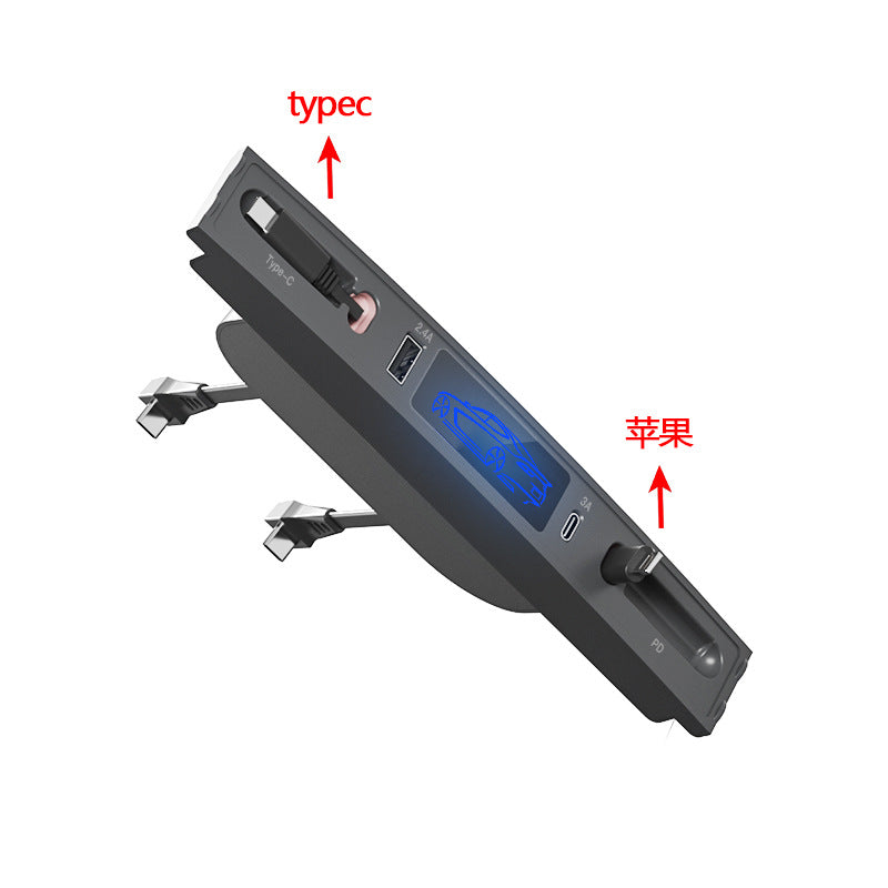 New Upgraded Docking Station with 2 Retractable Charging Cables, Support 27W PD Fast Charging, Car USB Hub Charger Multi Port for 2021 2022 2023 Tesla Model 3/Y, LED Lighting (PD+Type C)