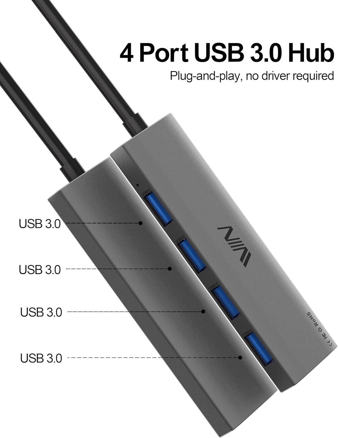 USB 3.0 Hub, 4 Port USB Hub Splitter, USB A Expander Portable USB Adapter Multiport Data Hub for Laptop, iMac Pro, MacBook Air, Mac Mini/Pro, Surface Pro, USB Flash Drives, and Mobile HDD - QGeeM