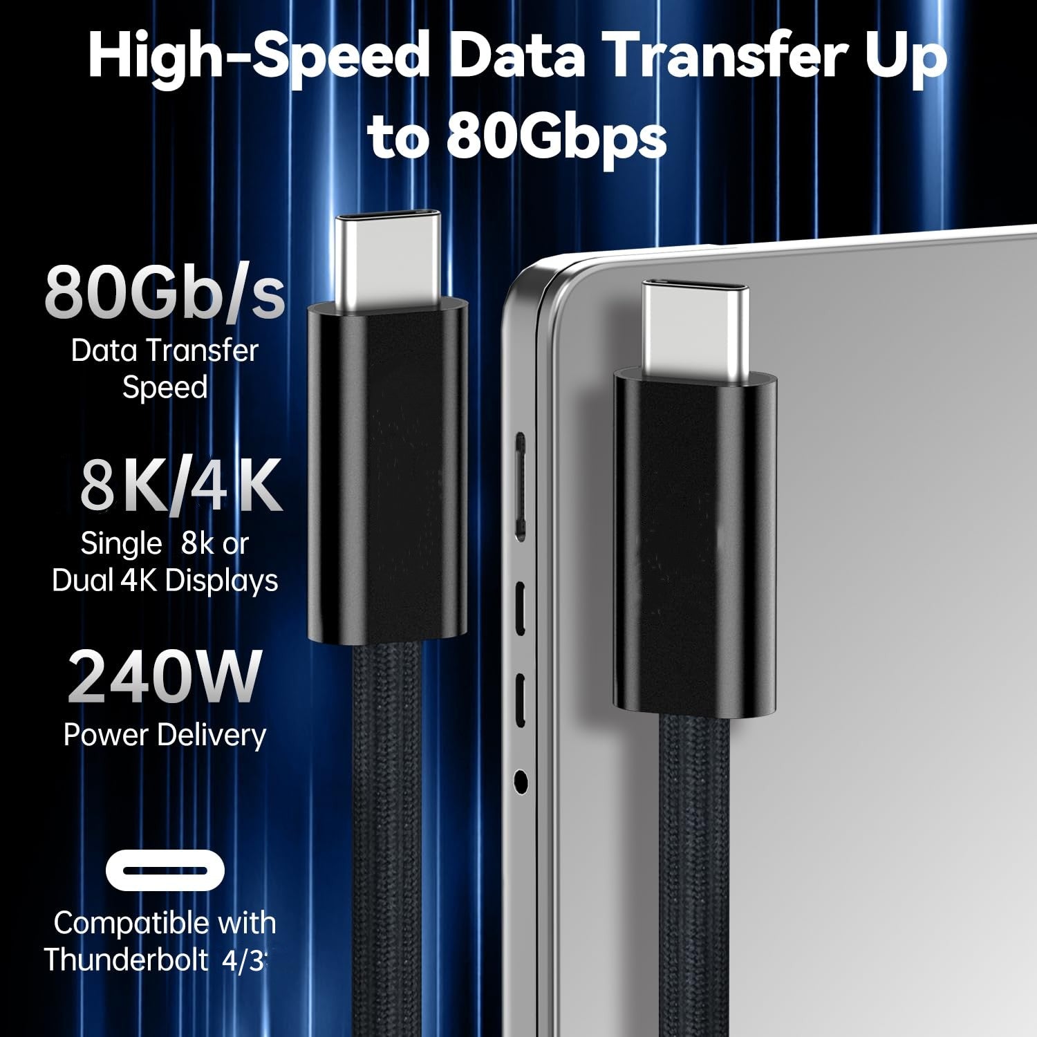 USB 5 Cable,80Gbps Data Transfer,,240W Fast Charging,8K@60Hz,4k@120Hz&144Hz Display,Compatible with Thunderbolt 4 Cable,USB4,Apple Mac,iPhone - QGeeM