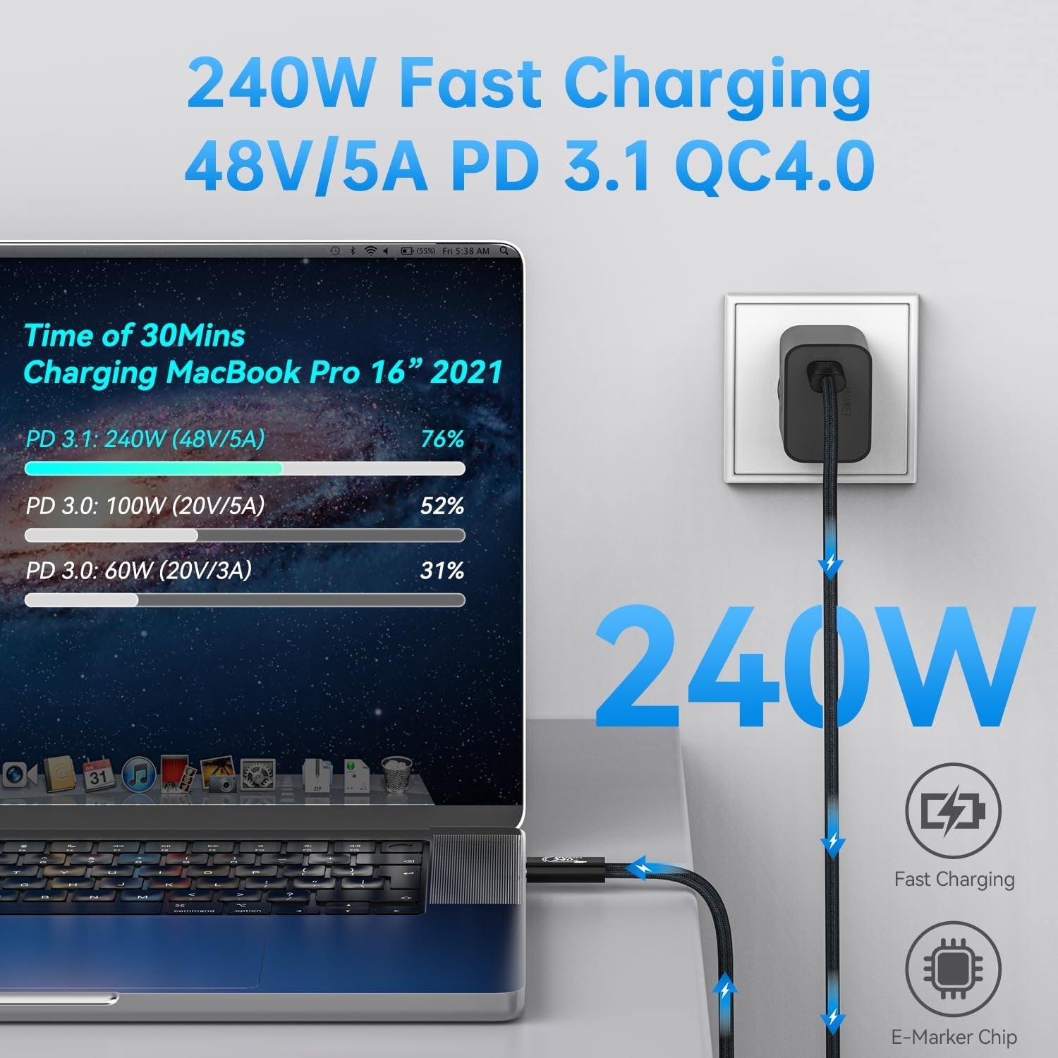 USB 5 Cable,80Gbps Data Transfer,,240W Fast Charging,8K@60Hz,4k@120Hz&144Hz Display,Compatible with Thunderbolt 4 Cable,USB4,Apple Mac,iPhone - QGeeM