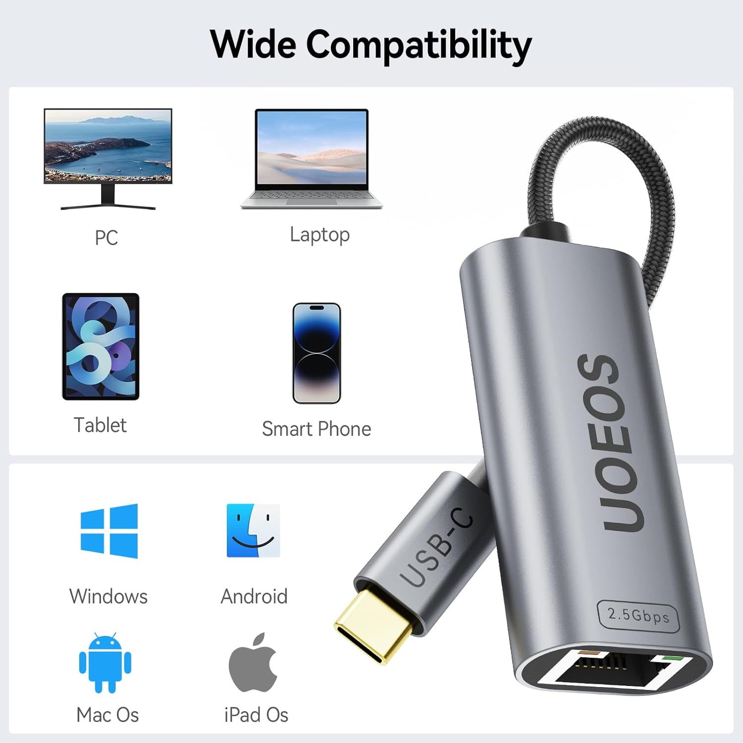 USB C to Ethernet 2.5 Gbps Adapter, USB C to RJ45 Network Converter (Thunderbolt 4/3 Compatible),USB - C to 2.5 Gigabit LAN Ethernet Compatible for MacBook iPhone 15 Pro max,XPS, Surface - Gray - QGeeM