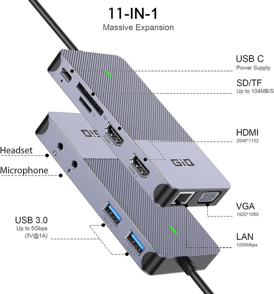 USB Docking Station GIQ USB C HUB USB 3.0 to Dual HDMI VGA Adapter Tri