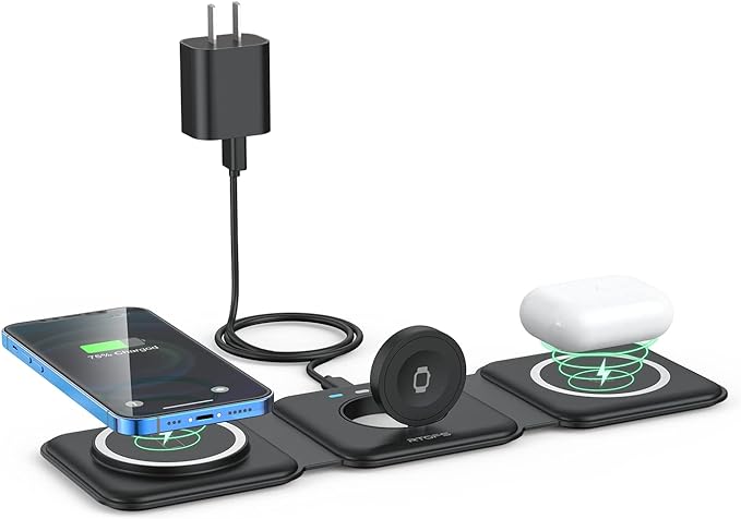 Wireless Charger 3 in 1,RTOPS Magnetic Travel Wireless Charging Station Multiple Devices,GaN 3 in 1 Charging Station,Compatible for iPhone15/14/13/12/Pro/Max,iWatch,AirPods 3/2/Pro(Adapter Includes) - QGeeM