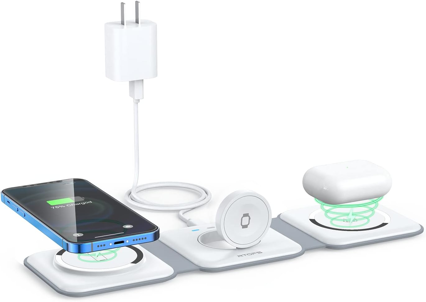 Wireless Charger 3 in 1,RTOPS Magnetic Travel Wireless Charging Station Multiple Devices,GaN 3 in 1 Charging Station,Compatible for iPhone15/14/13/12/Pro/Max,iWatch,AirPods 3/2/Pro(Adapter Includes) - QGeeM