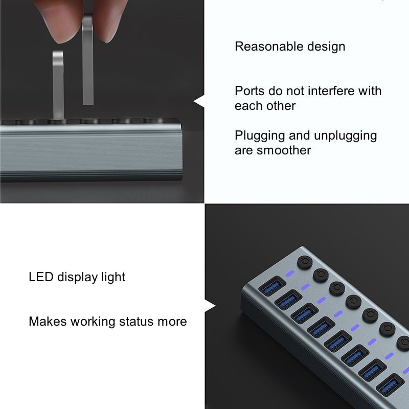 QGEEM 10 Ports USB 3.2 Hub with 10Gbps Data Speed, Aluminum Housing, USB Hub Powered with 36W Power Adapter, USB Hub for PC/Laptop, Computer, Flash Drive, Printer, Camera