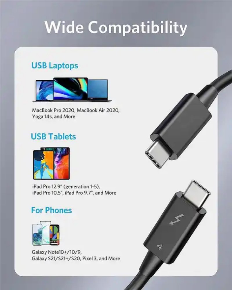 0,7M Thunderbolt 4 / USB-C Cable - Universal and Full Capability for All Thunderbolt 3, Thunderbolt 4, USB-C, and USB4 Devices - QGeeM