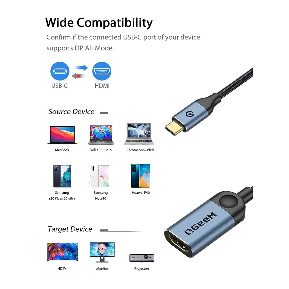 QGeeM USB C to HDMI Adapter 4K@30Hz Cable, USB Type-C to HDMI Adapter [Thunderbolt 3/4] HDMI Adapter for Laptop MacBook Pro/Air, iPhone15 Pro max, Dell XPS, HP.Pixelbook, Thinkpad,Surface,Ipad Pro etc.