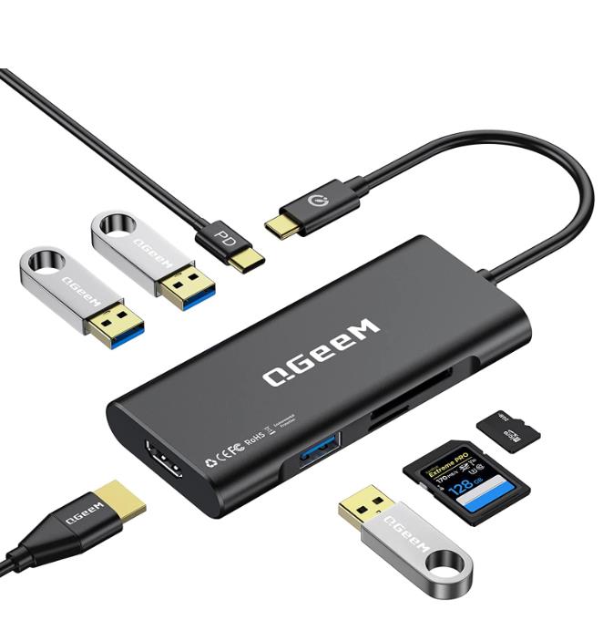 QGeeM 7-in-1 USB-C Hub with 100W Power Delivery,3 USB 3.0 Ports, SD/TF Card Reader,Compatible for MacBook and Windows