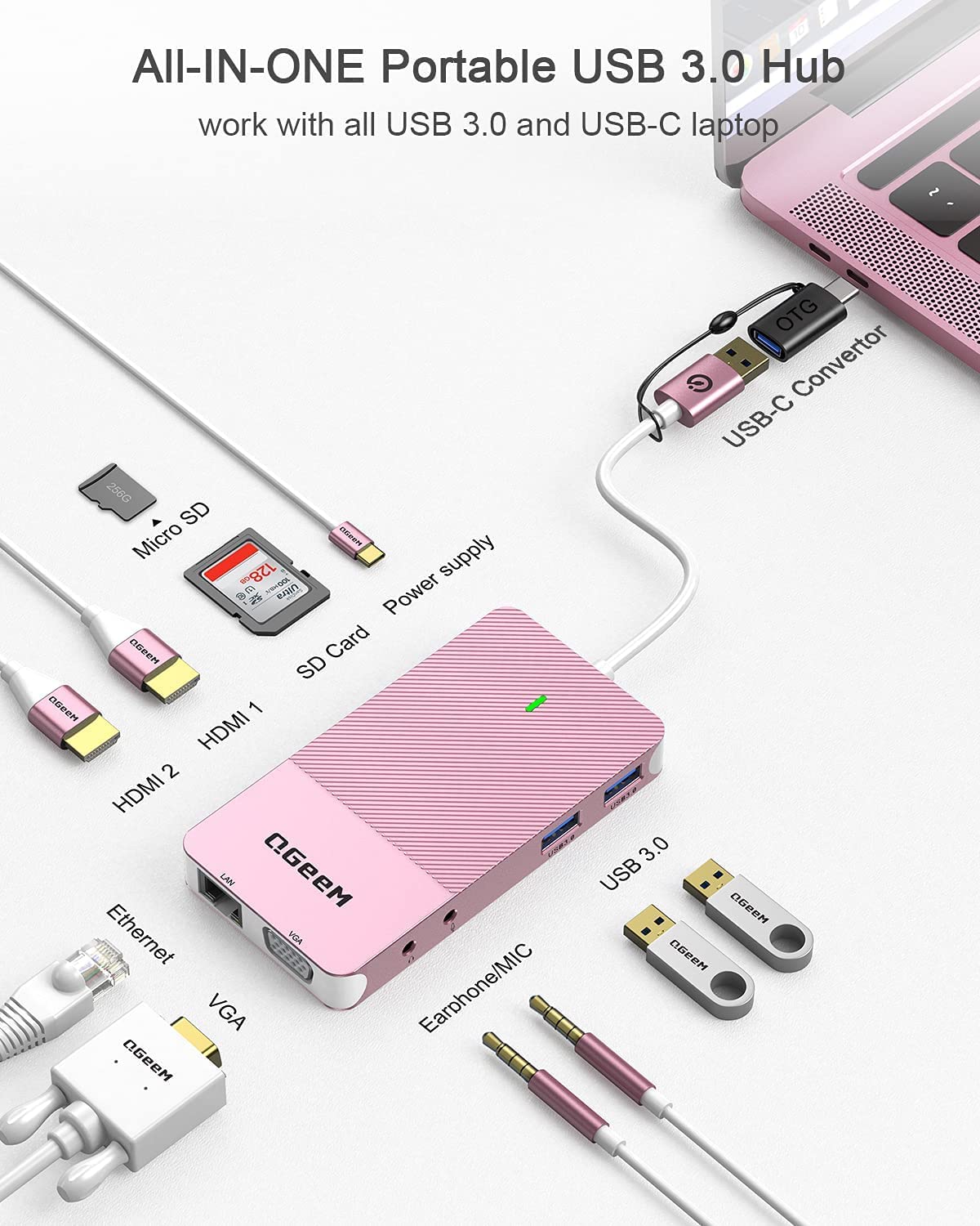 QGeeM 11-in-1 USB C/3.0 Hub with VGA - QGeeM