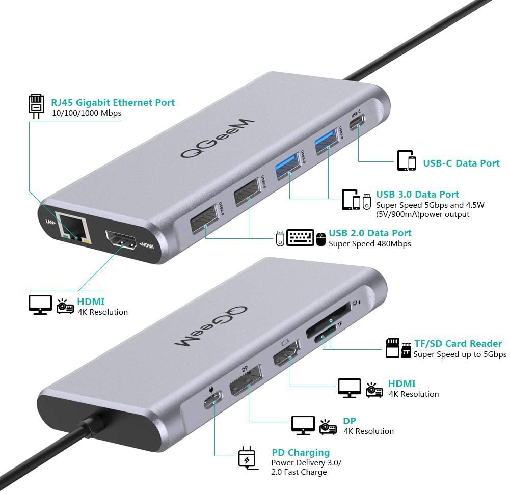 DOCK HUB USB-C (3.1) 9 PORTS, HDMI, RJ45, USB-C, USB-A, SD/TF