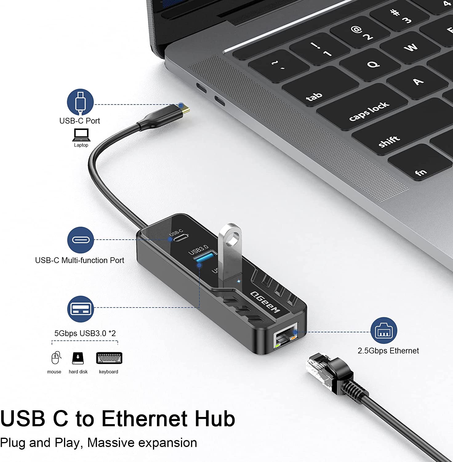 QGeeM 4-in-1 USB-C to Ethernet Hub - QGeeM