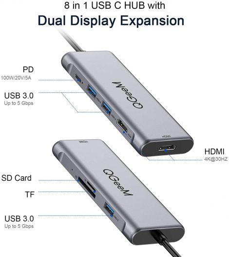 HUB USB C, Adaptateur USB C 8 en 1 avec HDMI 4K, PD 100 W, Port