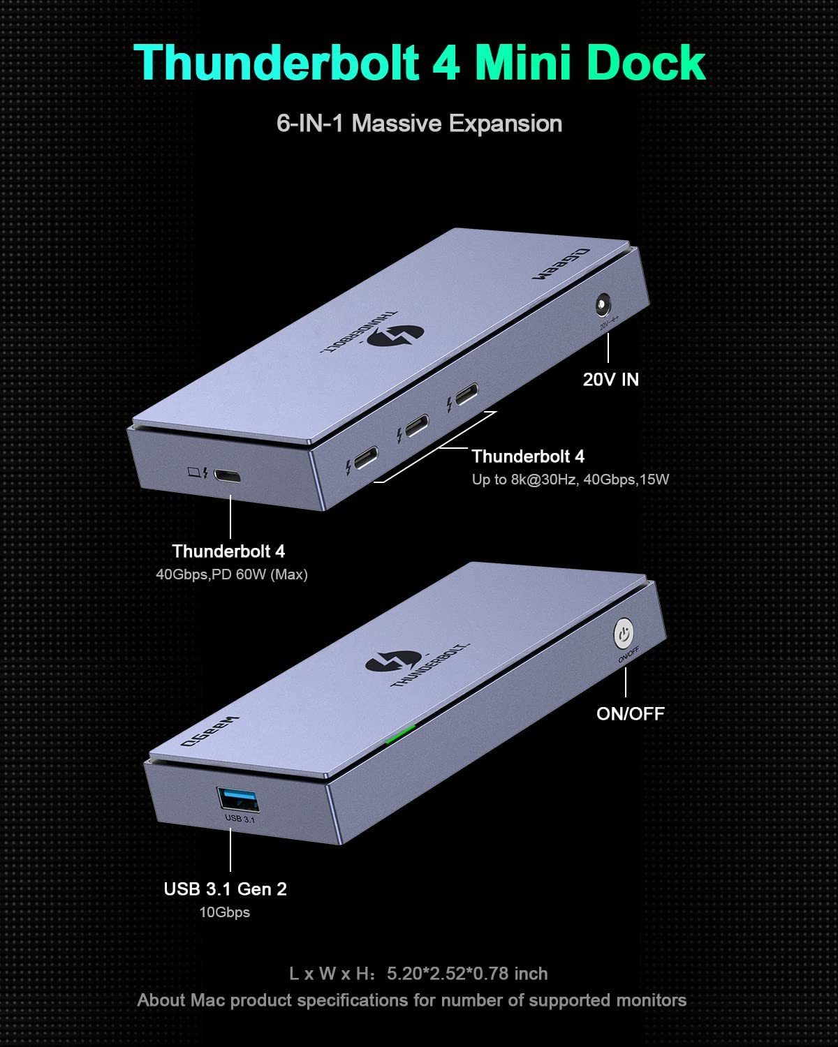 QGeeM TB4 Mini Docking Station (6-in-1, Thunderbolt 4) - QGeeM