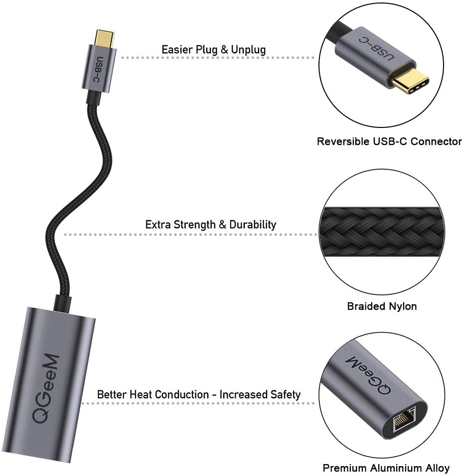 QGeeM USB C to Ethernet Gigabit Adapter, Thunderbolt 3 - QGeeM