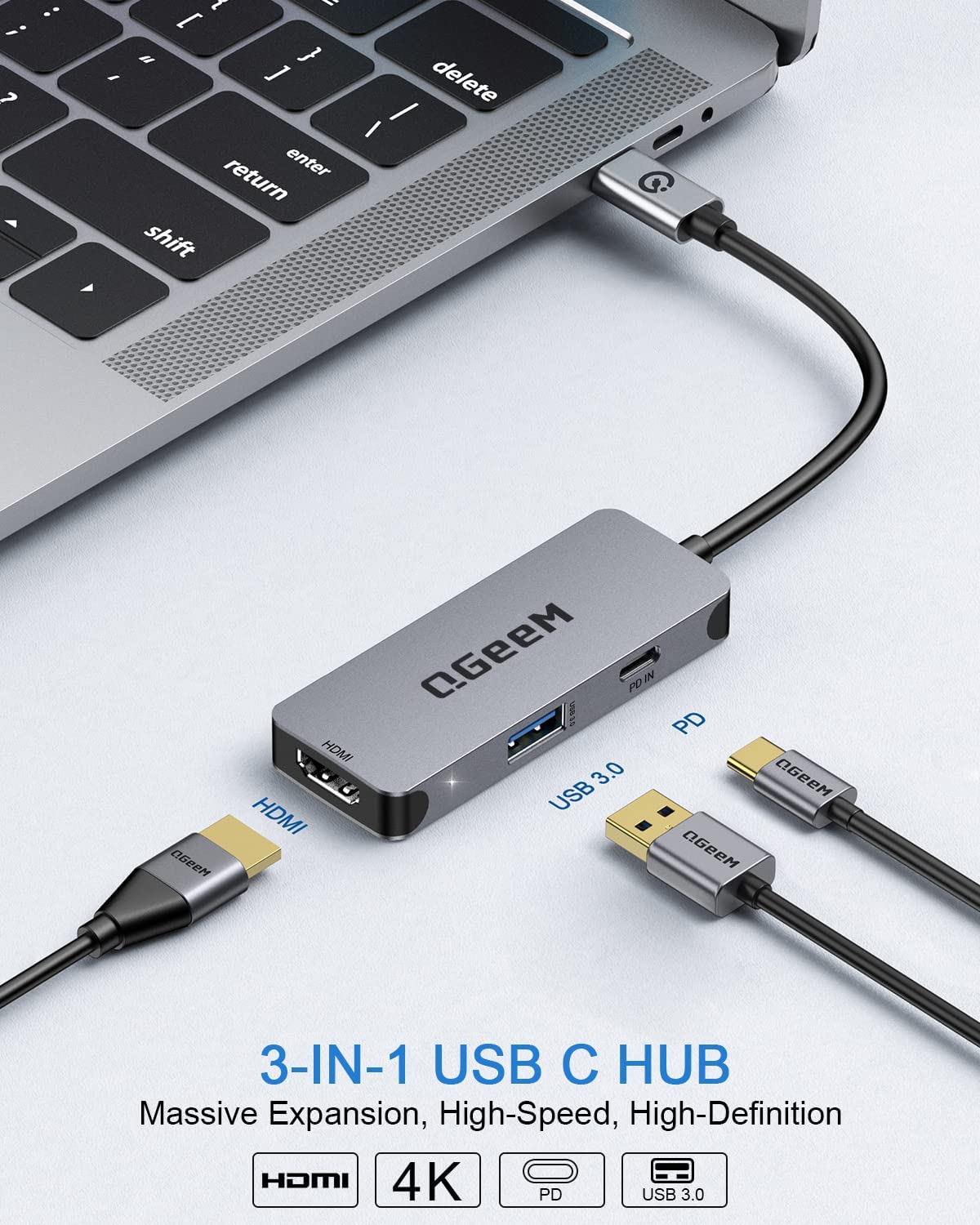 QGeeM USB C to HDMI Adapter 4K, 3 in 1 USB C Hub HDMI USB C Adapter - QGeeM